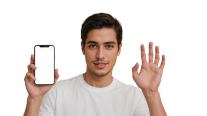 Isolated young man presenting smartphone with transparent display and gesturing hello