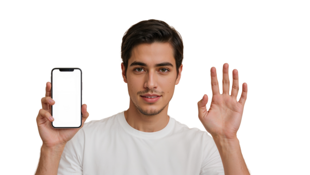 Isolated young man presenting smartphone with transparent display and gesturing hello