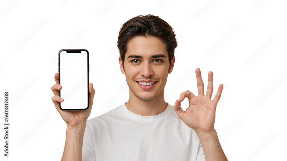 Poster young man displaying blank smartphone screen with approval gesture isolated on transparent
