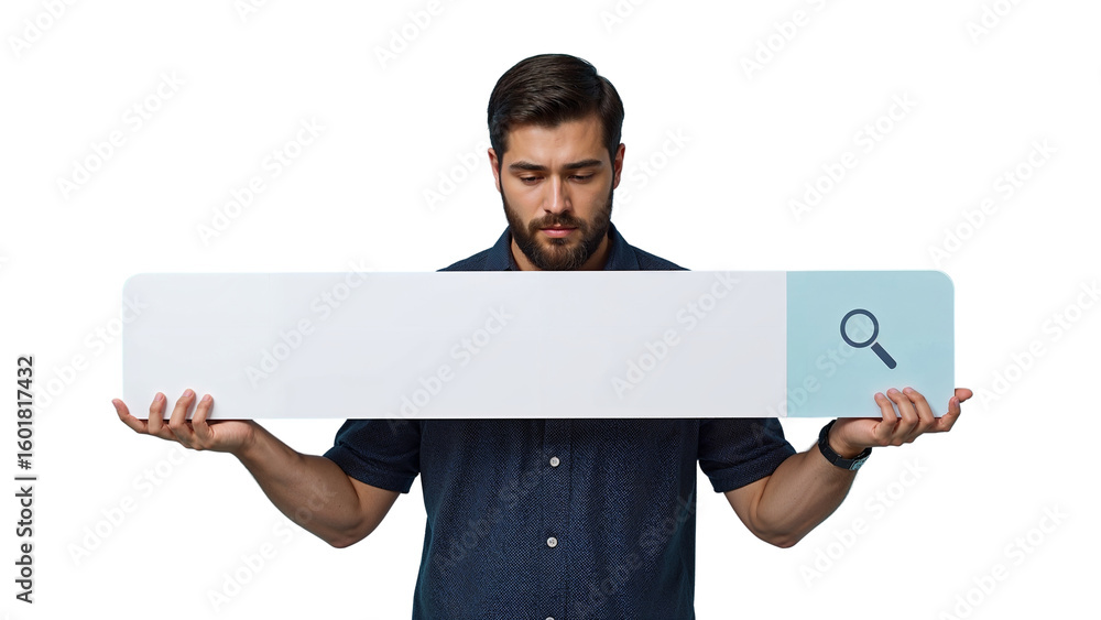 Poster man presents virtual search bar, symbolizing discovery and information retrieval tools for