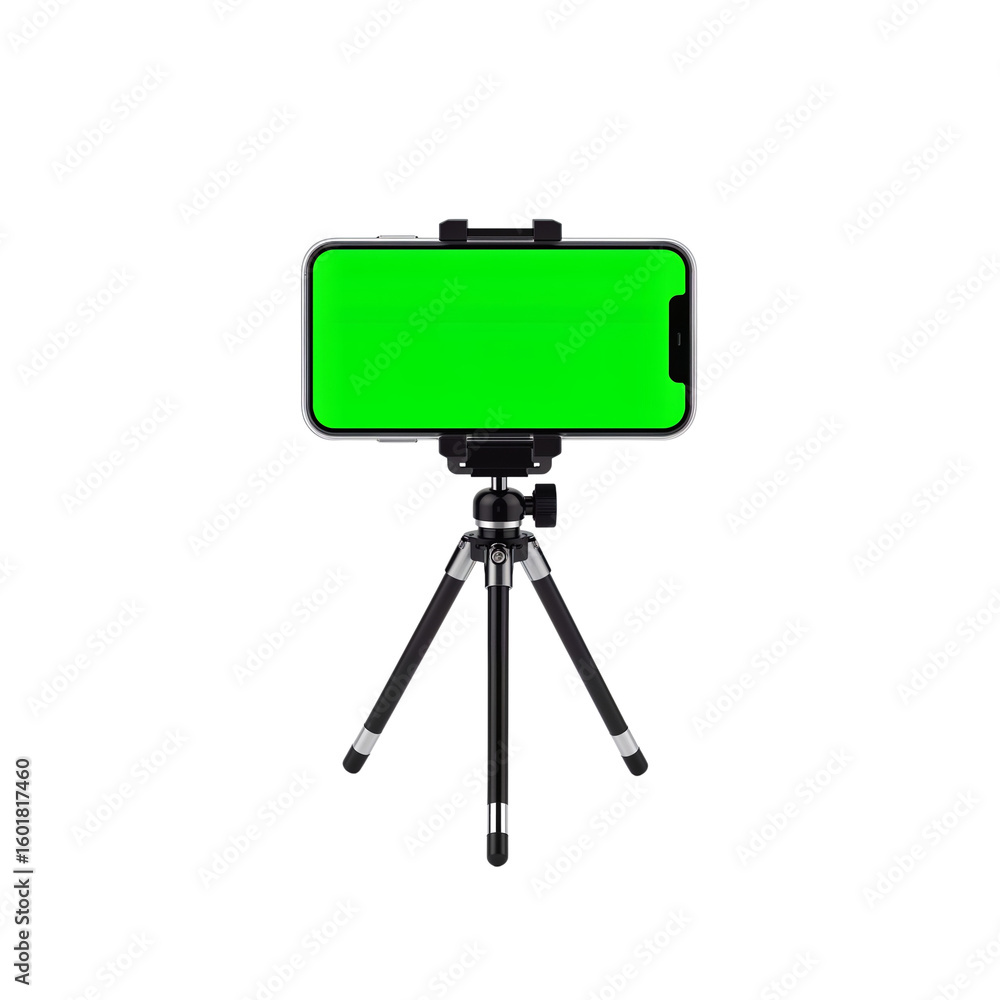 Poster smartphone on a tripod for content creation with green screen display in isolated setting