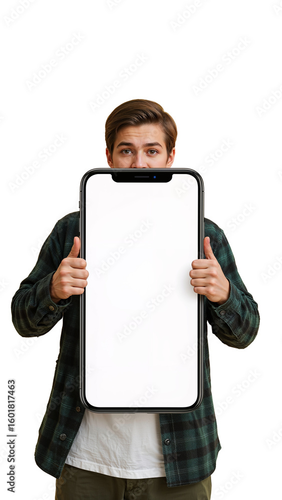 Aufkleber modern display showing a cheerful man holding a large smartphone mockup with an isolated
