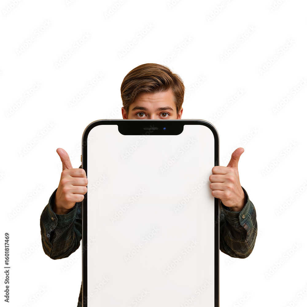 Poster enthusiastic individual showcasing mobile device with isolated backdrop for applications,