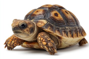 Obraz premium A tortoise stands on a white surface showcasing its patterned shell and textured skin