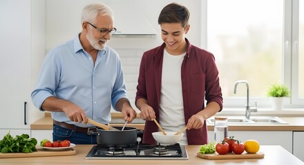 Grandfather and grandson cooking together healthy meal in modern kitchen at home family time and bonding father's day