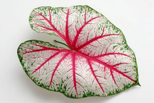 A vibrant caladium leaf with red veins and a speckled green edge against a white background