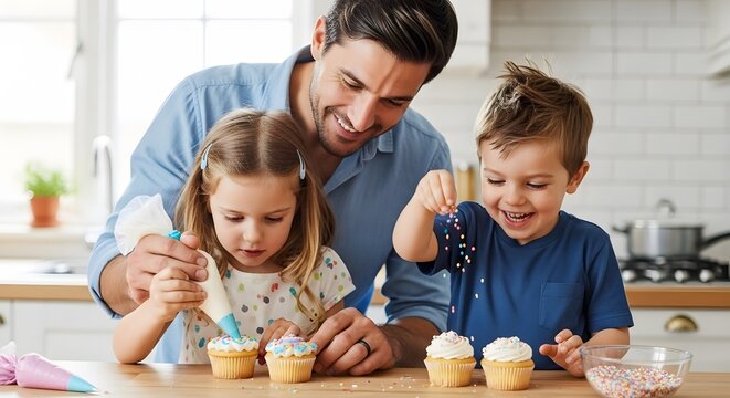 Family cupcake decorating fun: father and children baking together at home in the kitchen activity time father's day