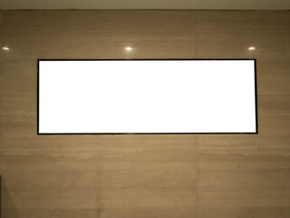 Shopping mall hall billboard mock up with white screen. Business concept, indoor board, empty frame.