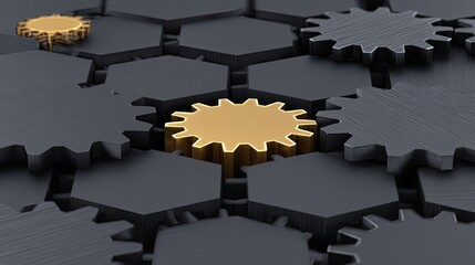 Black hexagonal shapes surround gray gears with  golden gear prominent in  center  single golden gear is visible in  background