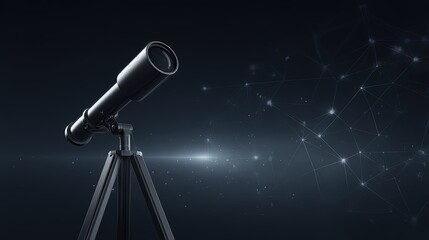 black telescope is mounted on  tripod aimed toward  background of interconnected glowing dots and lines in  darkened space