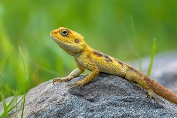 Fototapeta premium A yellow lizard with brown stripes rests atop a gray rock against a blurred green backdrop