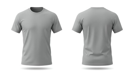 Front and back view of a plain, gray crew neck t-shirt, isolated on white background.