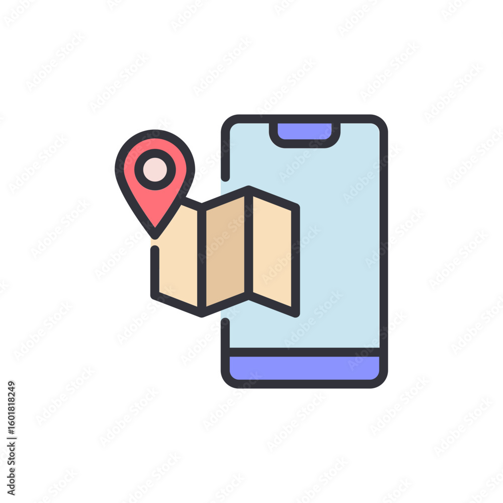 Poster modern mobile navigation application with location icon and folded map