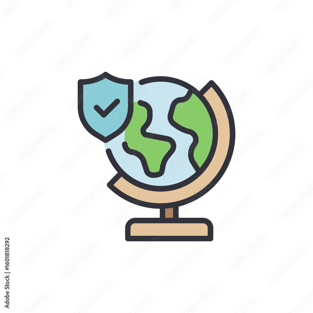 Poster protected world globe with shield icon symbol on transparent layer