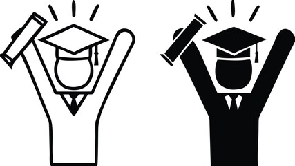 Graduation icons. Black and White Vector Icons of University Graduate with Diploma. The student rejoices at the end of his studies. Education Concept
