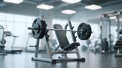 Gym Interior with Weight Bench and Barbell