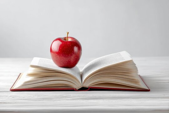 An open book with a red apple resting on its pages set against a light background - Powered by Adobe