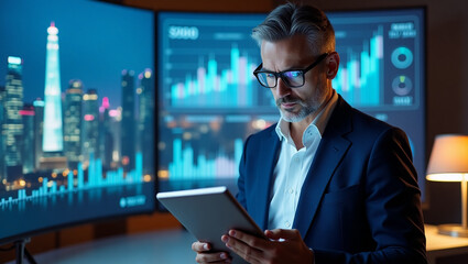 An adult male professional with glasses and a suit, sitting in front of a large monitor displaying financial data graphs