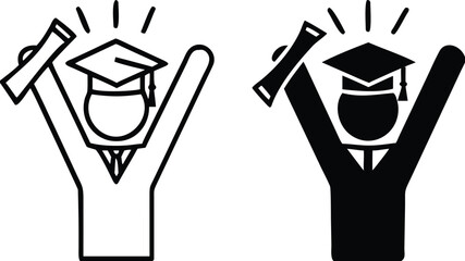 Graduation icons. Black and White Vector Icons of University Graduate with Diploma. The student rejoices at the end of his studies. Education Concept
