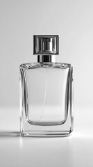 Clear glass perfume bottle with silver cap on white background