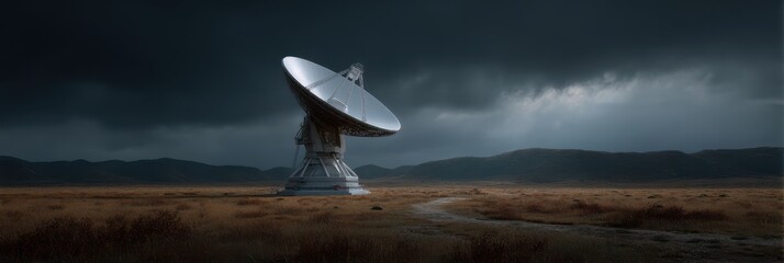 Massive satellite array in a vast landscape under dramatic skies
