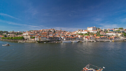 Old colorful houses in old part of Porto, view from cable car over Douro river timelapse hyperlapse
