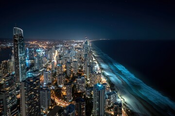 Obraz premium Night cityscape of city, coast at night with coastline lights glowing below