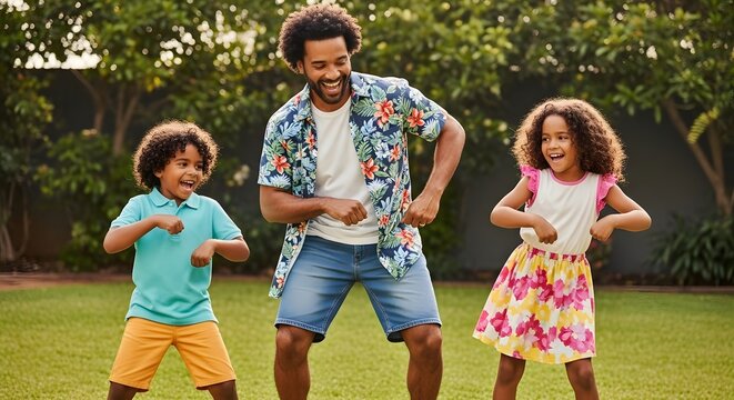 Happy african american family dancing together in backyard summer fun lifestyle and family bonding time outdoors father's day - Powered by Adobe