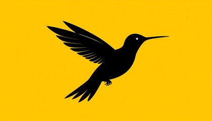 Obraz premium Silhouette of a hummingbird in flight against a bright yellow background (1)