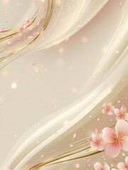 Kinetic gold waves with embossed texture flowing on cream vertical backdrop, scattered cherry blossoms with subtle glow, minimalist Japanese design for youthful digital lifestyles and emotional brandi