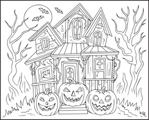 Obraz premium Halloween coloring page with spooky elements and hand-drawn doodle vector outline illustration