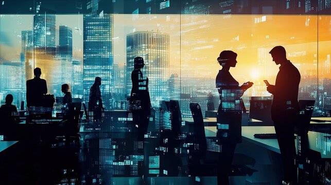A montage showcasing silhouettes of project managers overseeing timelines, and ensuring successful project delivery. The background includes a bustling office space with a cityscape visible outside