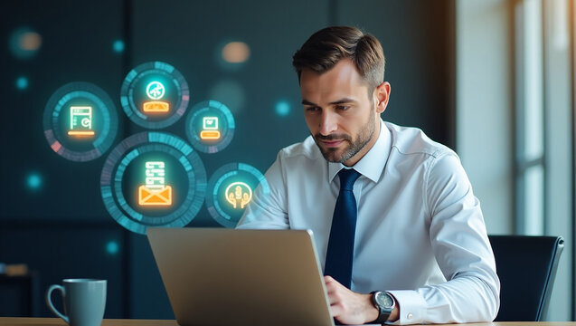 A male professional focuses on working on his laptop, surrounded by glowing digital icons representing various business functions and communications, such as email, documents, and social media.
