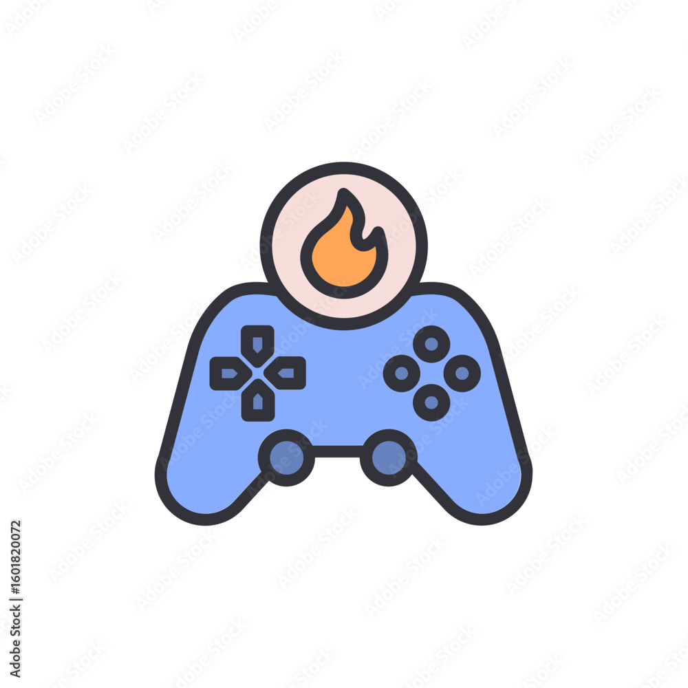 Poster stylized game controller with flaming accent for digital entertainment