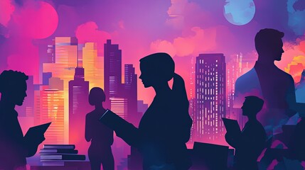 A montage showcasing silhouettes of individuals attending investment seminars, reading financial books, and learning about personal finance. The background mix of educational settings and a cityscape