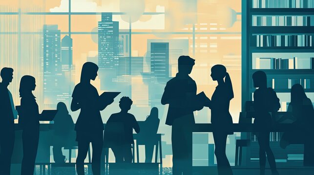 A montage showcasing silhouettes of educators teaching, mentoring students, and conducting research. The background includes a mix of classrooms and libraries with a cityscape in the distance. 