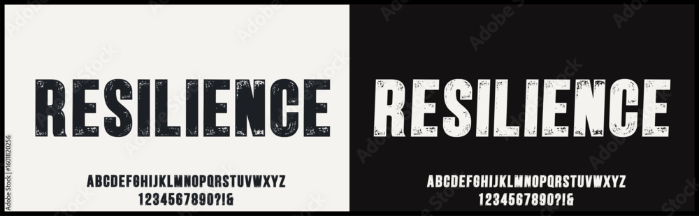Poster condensed grunge and texture vector font. alphabet uppercase and number with urban style. typography