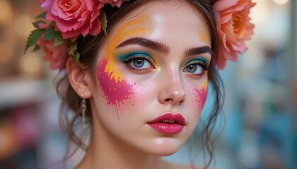 Beautiful girl model with multi-colored paints on her face. Woman with rose flower and bright color make-up. Cosmetics, beauty and makeup. Spring and summer flowering shopping