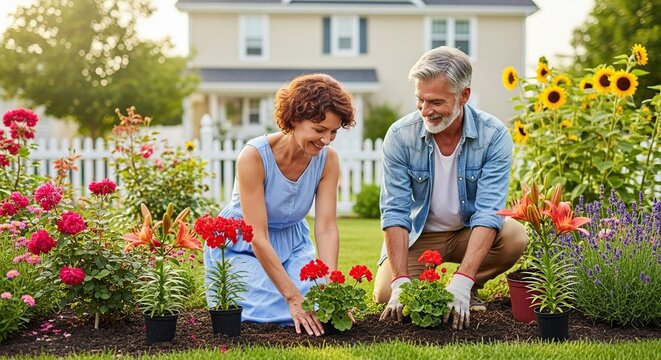 Happy mature couple planting flowers in garden together enjoying springtime gardening activity outdoors - Powered by Adobe