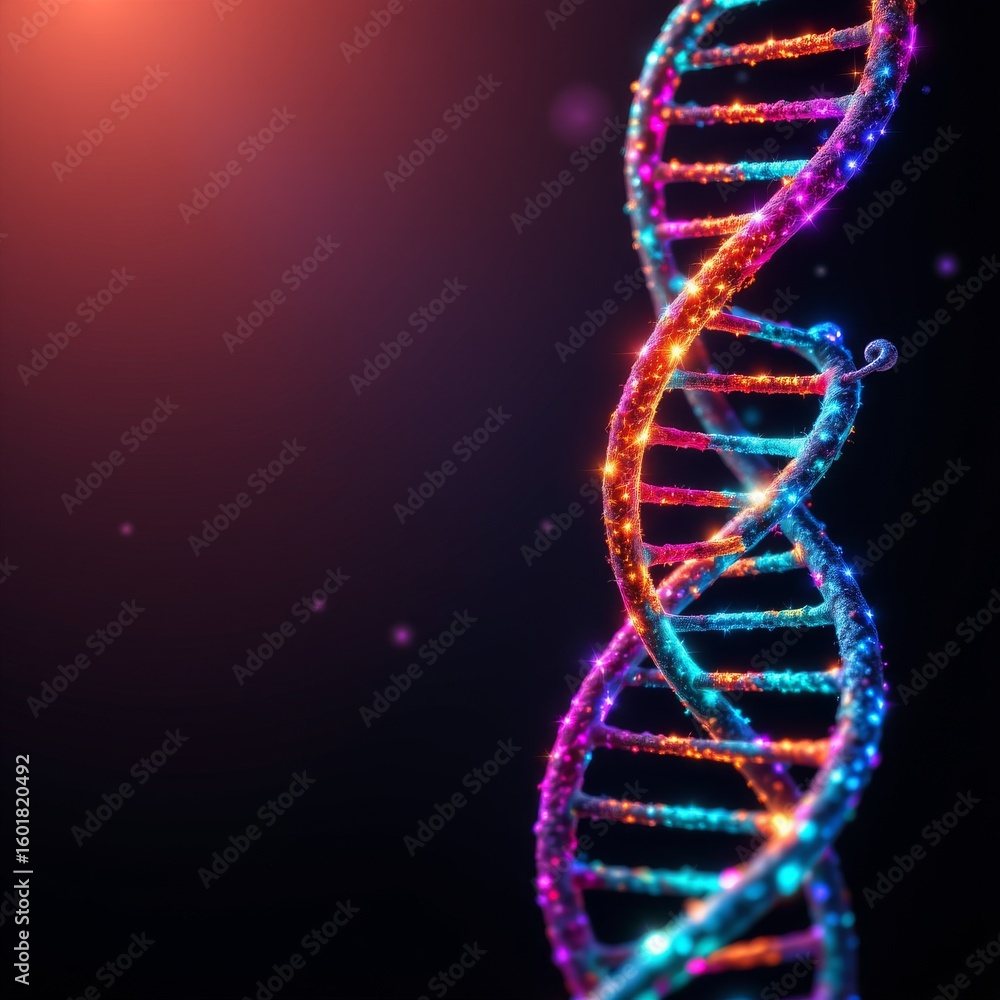 Poster vibrant double helix with sparkling lights dark setting