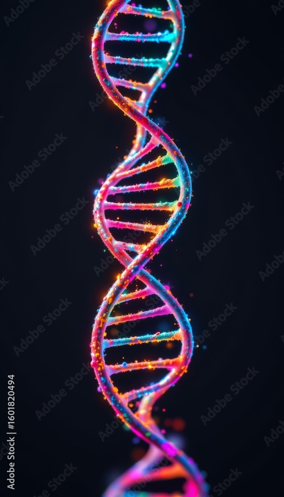 Poster vibrant double helix structure with shimmering particles