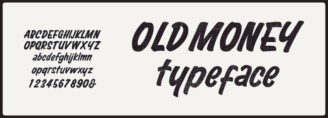 Script brush vector font with texture. Hand drawn uppercase, lowercase, and number. Vintage and retro typography for poster, movie, headline, and etc.