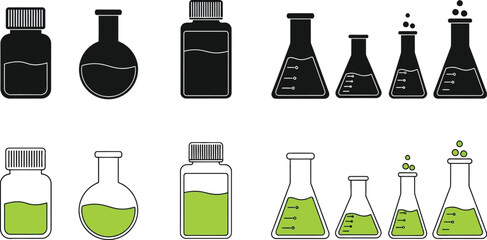 Collection of laboratory glassware and bottles with liquid for science experiments and research