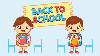 Happy Back to School: Two Cute Cartoon Children Ready for Class, Holding Books,  Smiling,  Bright Colors,  Positive Mood,  Classroom Setting,  Empty Desks.