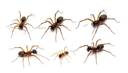 Six ant-like spiders against white