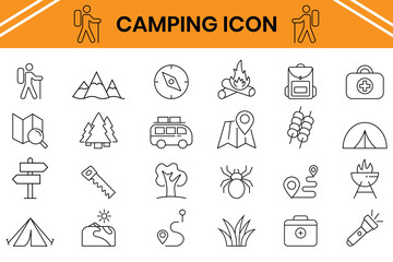 Camping icons set. Camping activities line icon vector image.  outdoor and travel. Vector illustration.