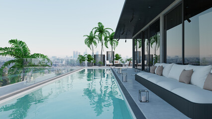 3D illustration. A small private swimming pool in the backyard of a luxury villa.