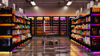 Supermarket aisle with empty red shopping cart. 3d illustration