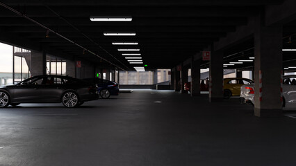 Parking garage, interior with a few parked cars. 3D illustration Render