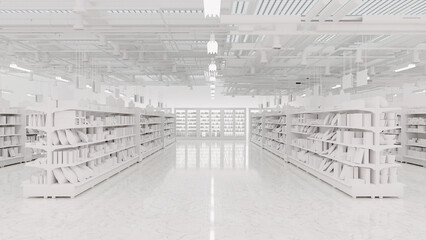 3D Rendering. Store interior supermarket with shelf shelves.